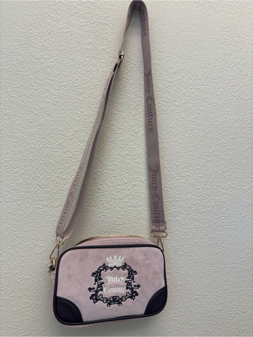 Juicy Couture Dusty Pink Suede Crossbody with Black Trim and Logo